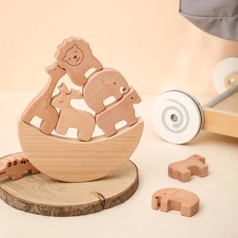 

Wooden Montessori Stacking Toys for Baby Kids Educational Interactive Toys Animal Toy Wood Stacked Building Blocks Newborn Gifts