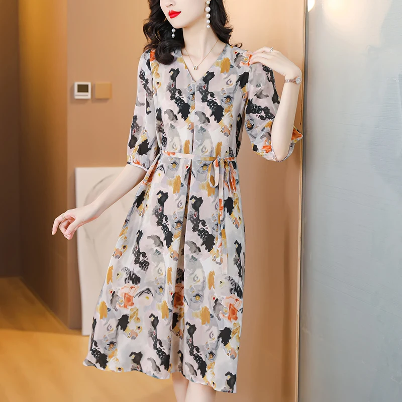 

2023 Summer High Quality Gray Mulberry Silk Dress Fashion Vintage Plus Size Runway Midi Dress Elegant Women Bodycon Vestidos