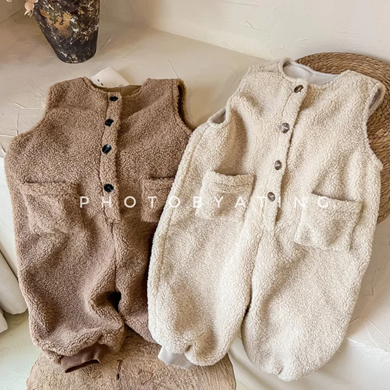 2026 Winter New Unisex Kids Fleece Jumpsuits Pockets Sleeveless Korean Style Toddlers Children Thicken Warm Overalls