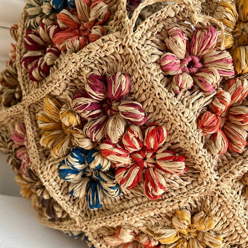 Hochwertige Handgefertigte Raffia-Schultertasche Exquisite Gewebte Stroh-Tragetasche Offene Bunte Blumen-Diamantmuster Einkaufstasche – Detail 10