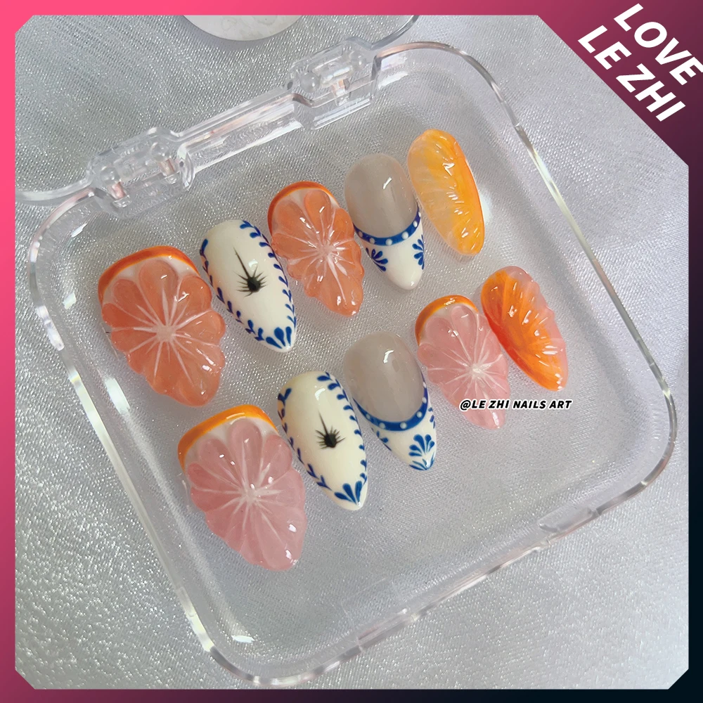 Y2K Spice Girl Punk Long Square Almond Handmade Nail Party Sticker Magic Mirror Pink Pearl Rhinestone Wearable Press On Nails