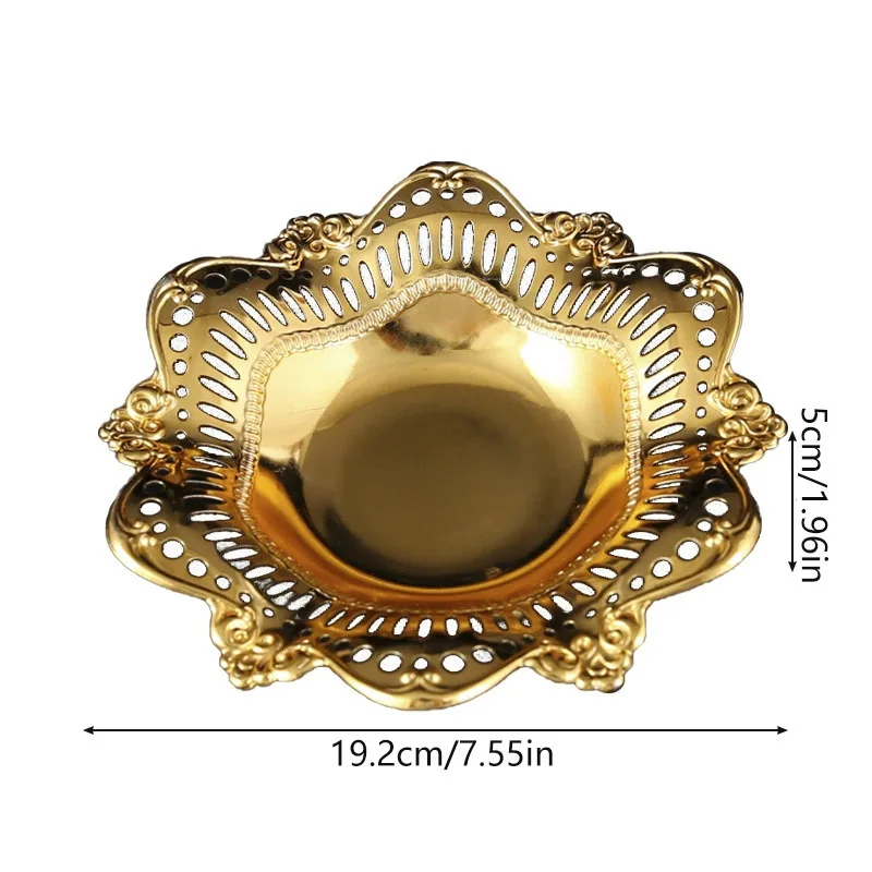 

Golden Food Serving Tray Vintage Metal Platters Jewelry Dish Fruits Snacks Candy Nuts Party Appetizer Elegant Design Mirror