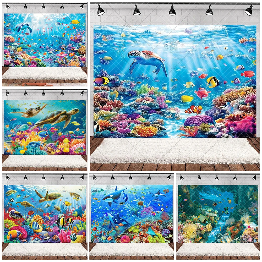 

Underwater World Background Cloth Turtle Fish Coral Ocean Aquarium Backdrop Party Decorations Baby Shower Supplies Kid Gifts