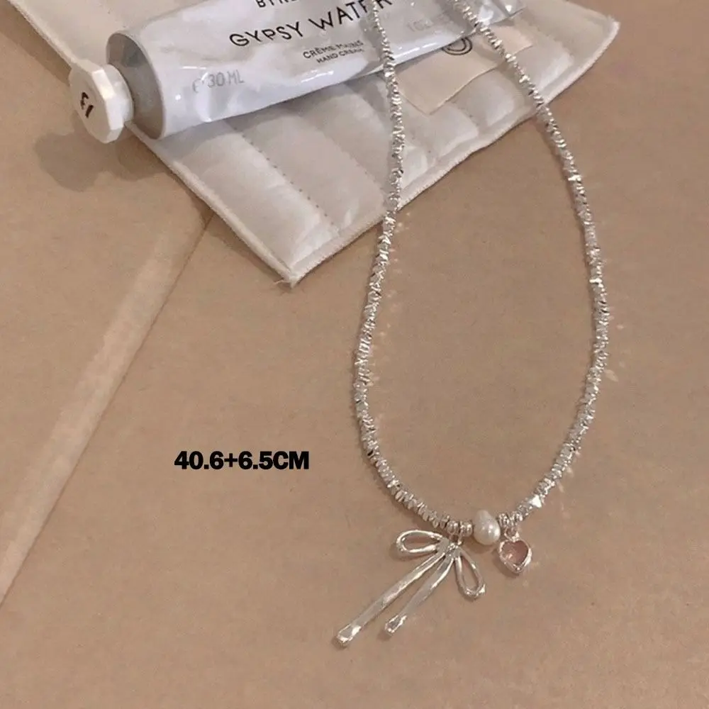 Fashion Silver Metal Bow Necklace Pearl Light Luxury Natural Pearl Broken Silver Necklace Bow Charm Bow Ties Necklace