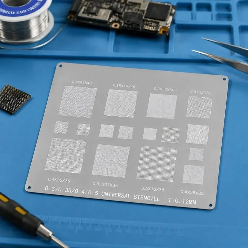 Chip BGA Reballing Stencil Plate with Distinct Perforated Placement Regions for Positioning Solder Beads or Paste During M4YD