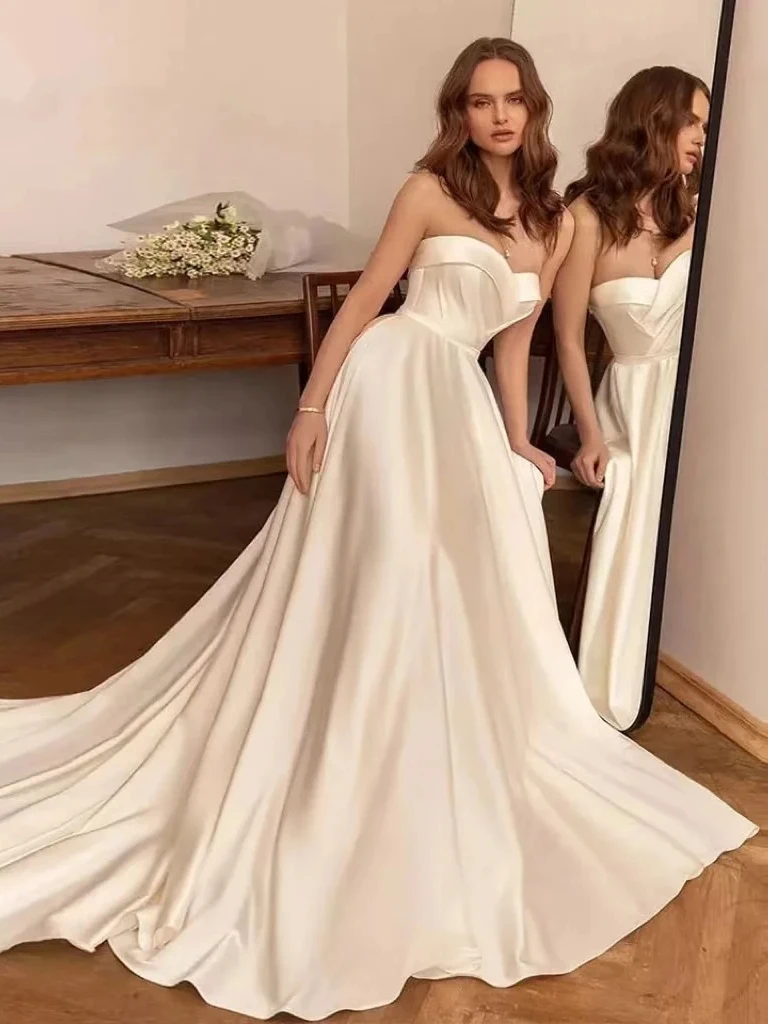 Abiti da sposa in raso a-line per le donne 2024 abiti da sposa Sexy senza maniche abiti senza spalline 2023 abiti di lusso De Novia