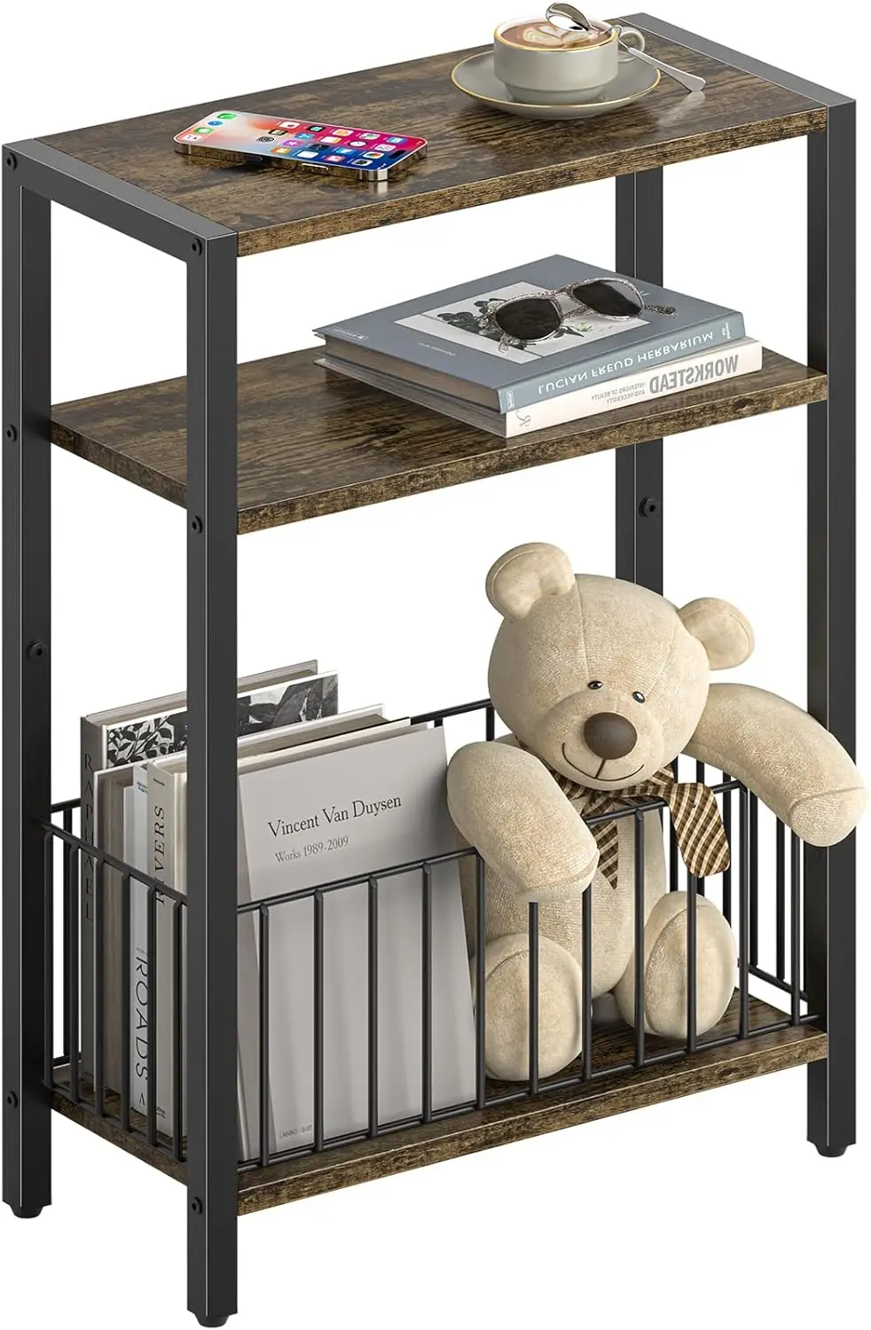 

Narrow 3-Tier Side Table with Storage Basket, Slim End Table for Small Spaces in Living Room Bedroom, Rustic Brown