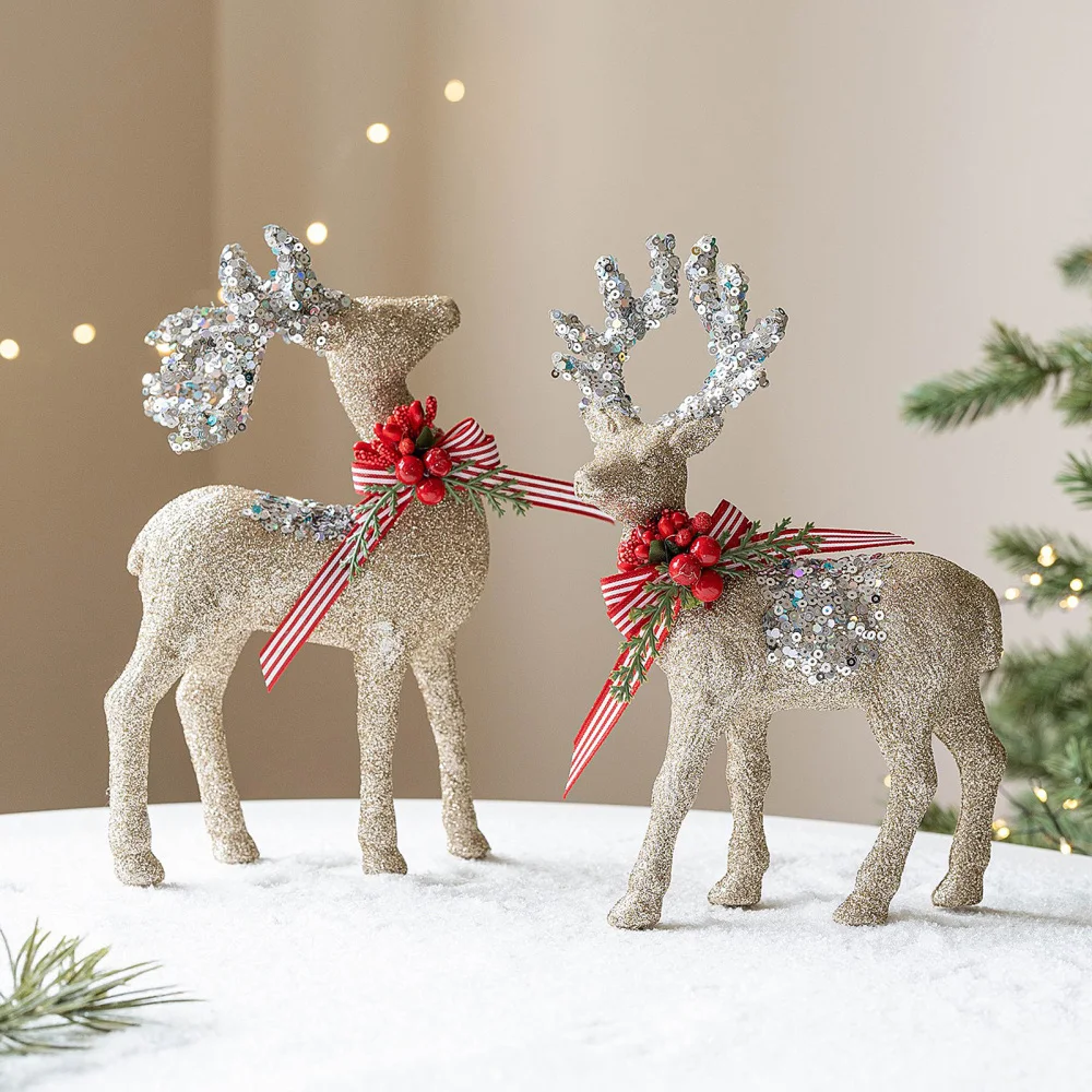 

2Pcs Xmas Elk Ornaments Glitter Flocking Deer Christmas Tree Hanging Pendant Window Desktop Decor For Christmas New Year