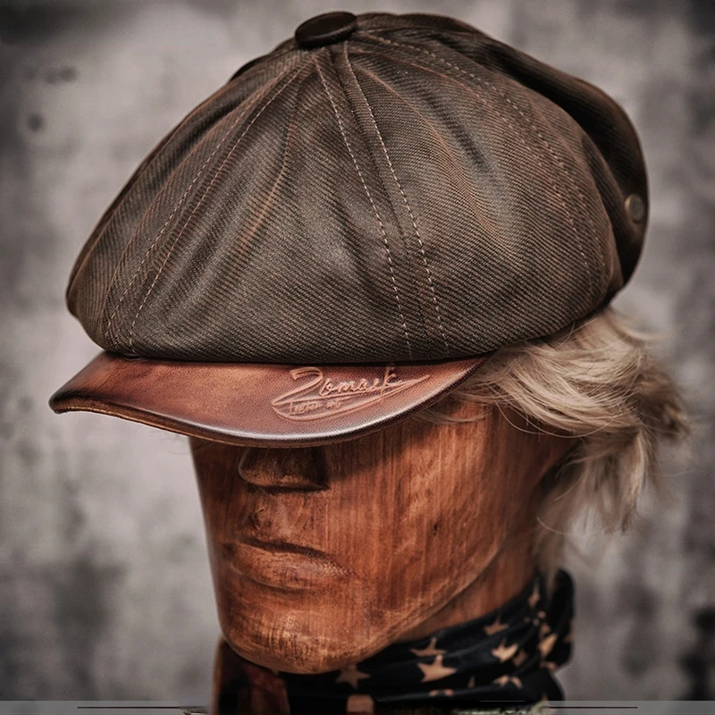 Men's Newsboy Hat Oil-waxed Canvas Leather Handmade Desinger Vintage Berets Painter Octagonal Cap Unisex Four Seasons