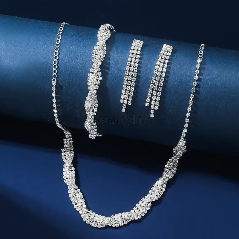 

European and American fashion rhinestone woven collarbone chain earrings bracelet set combination