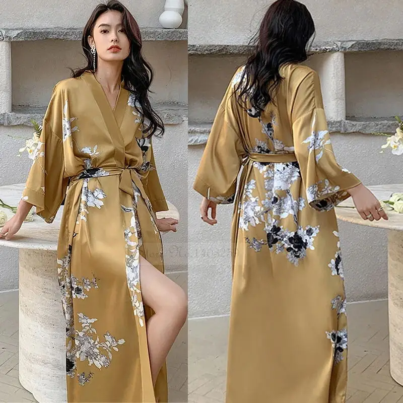 Female Long Robe Sleepwear Yellow Print Flower Half Sleeve Kimono Bathrobe Gown Nightdress Loose Satin Home Wear Loungewear