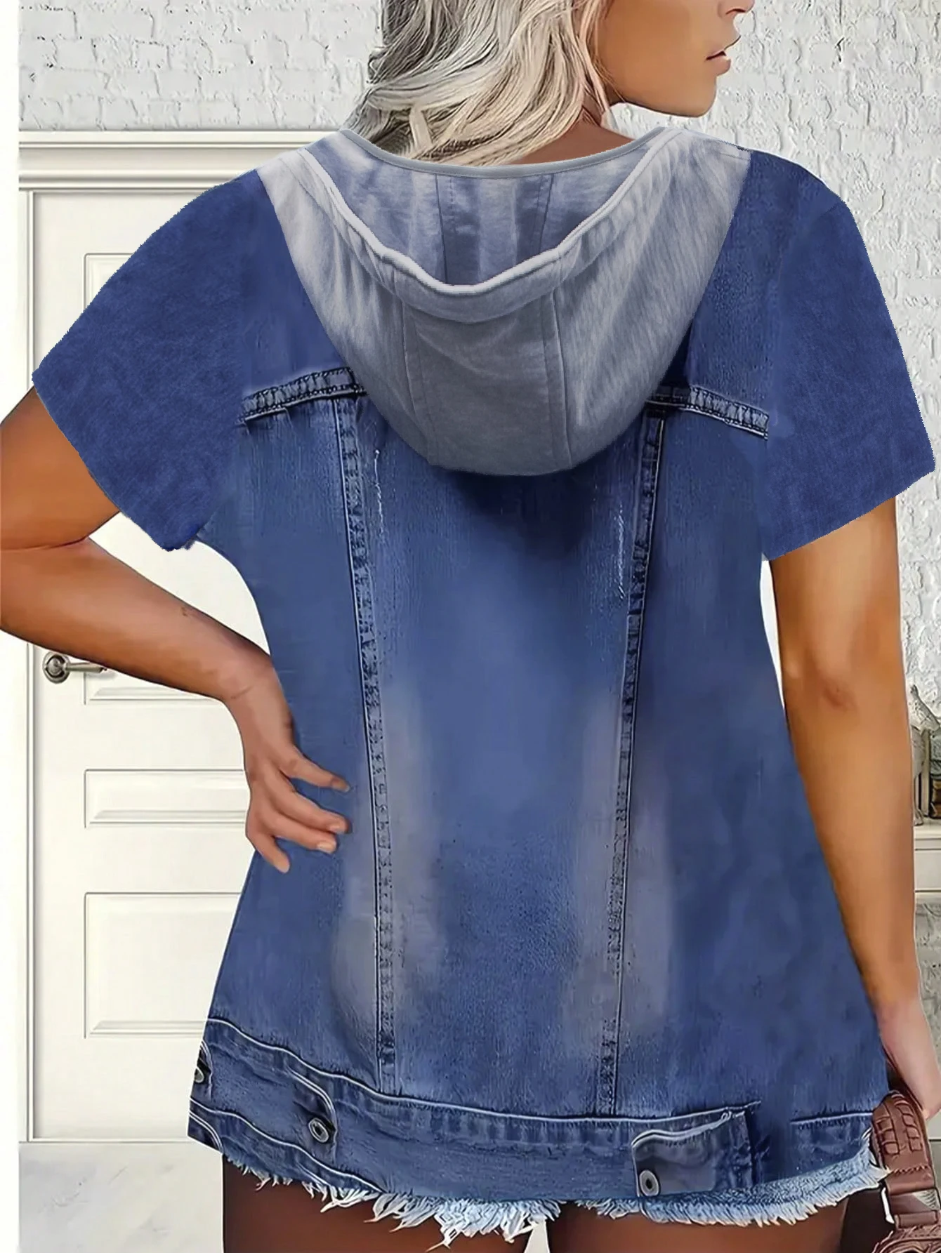 تي شيرت نسائي مقاس كبير من قماش الدنيم المقلد كاجوال بأكمام قصيرة ورقبة دائرية على الطراز الغربي من قماش الدنيم متعدد الاستخدامات ومريح #2