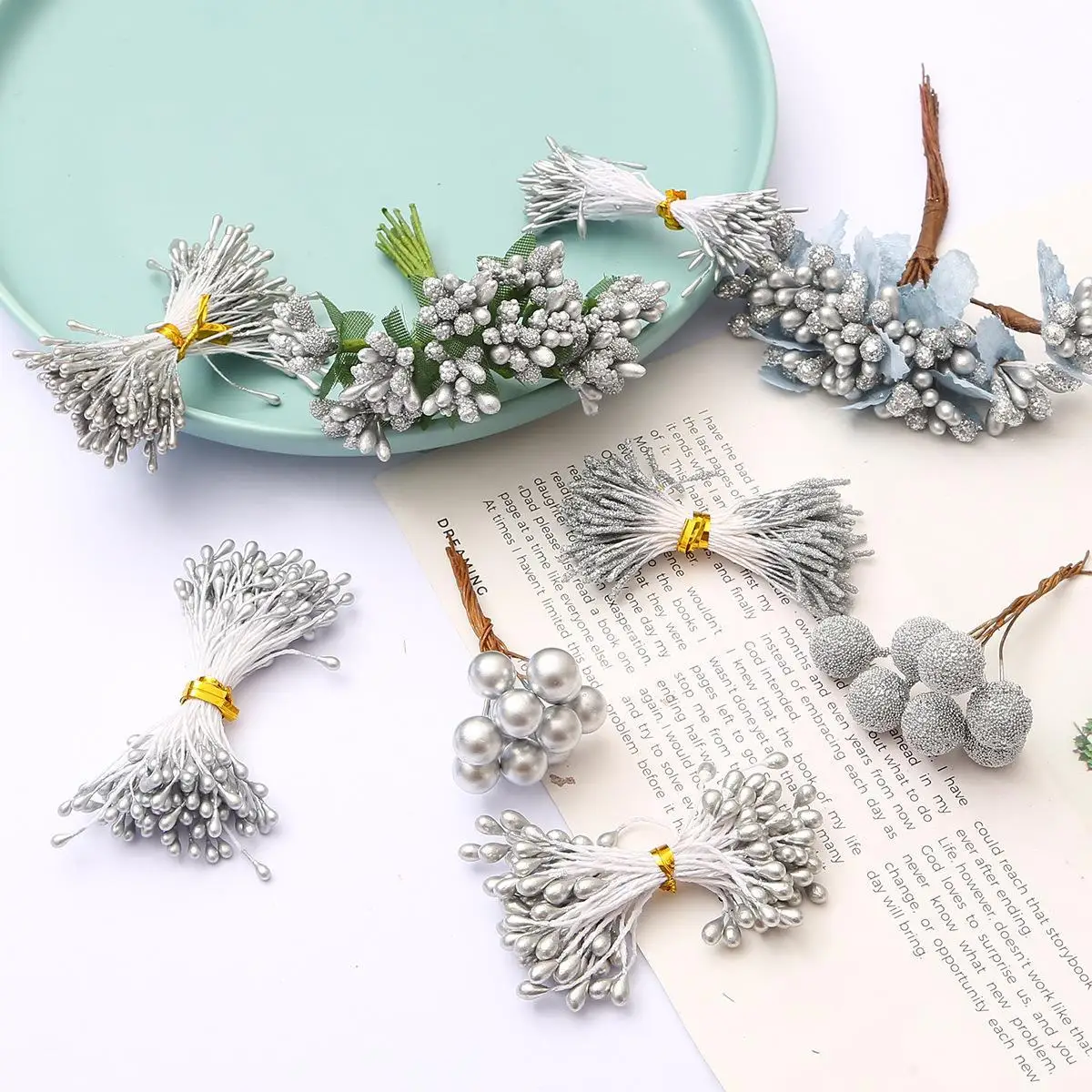 

6/10/12/20/24/200pcs Silver Mixed Hybrid Flower Cherry Stamen Berries Bundle DIY Cake Christmas Wedding Gift Box Wreath Decor