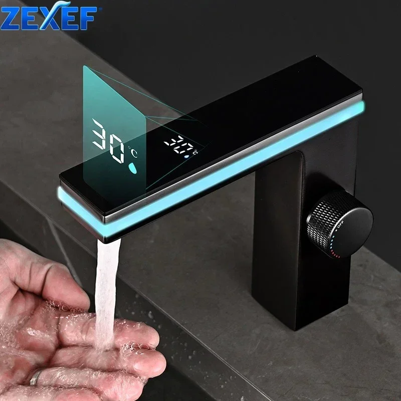 

Digital Display Bathroom Black Faucet With Sensor Basin Mixer Tap LED Brass Water Sink Crane Hot Cold Intelligent Tools