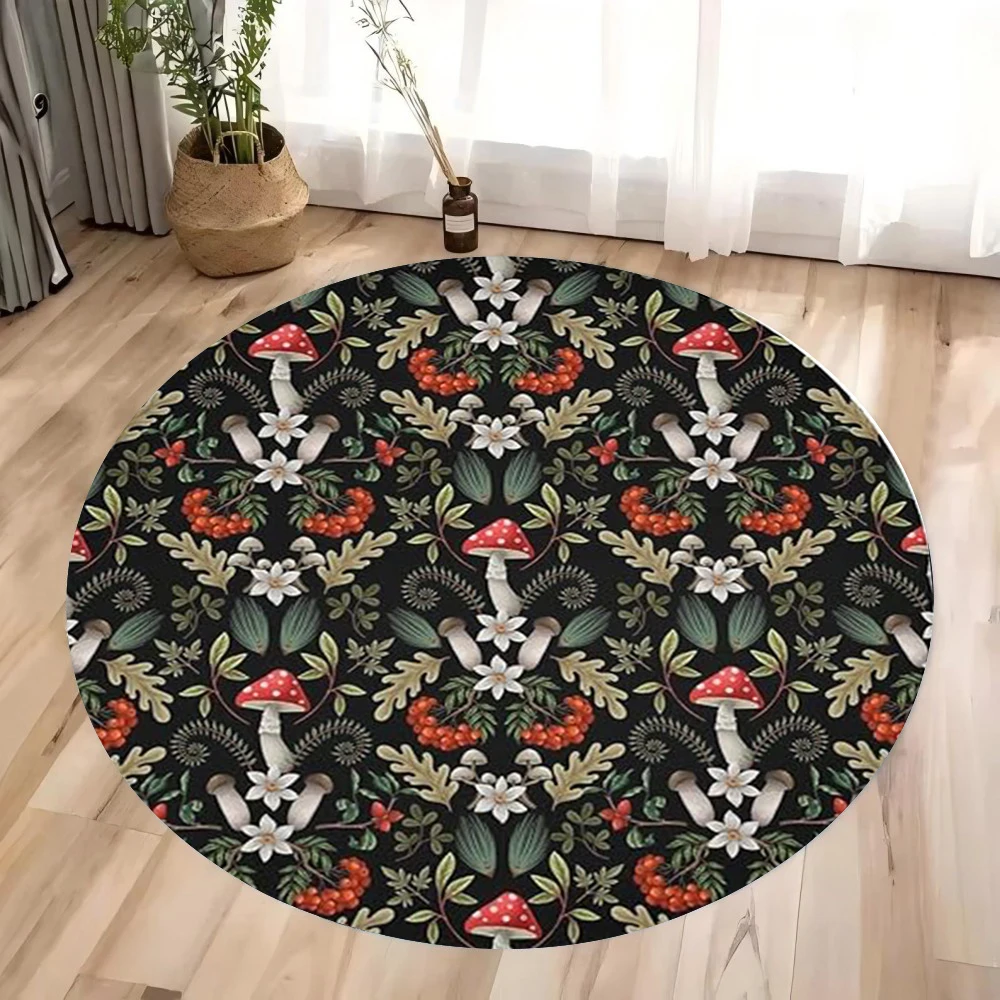 European Style Floral Mushroom Plant Rug – Non-Slip Retro Round Mat for Living Room, Bedroom, Kitchen, Entryway Decor