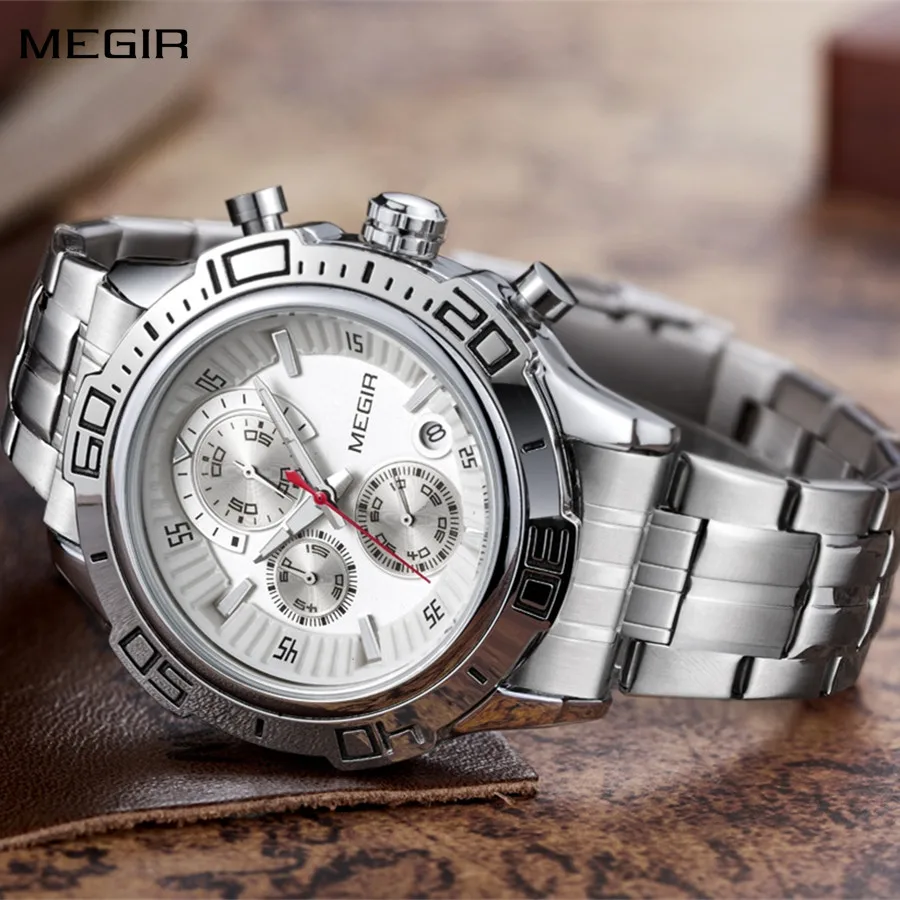 MEGIR 2019 Classic Men Watch Solid Stainless Steel Band Chronograph Calendar Luminous Hands Waterproof Quartz Watches