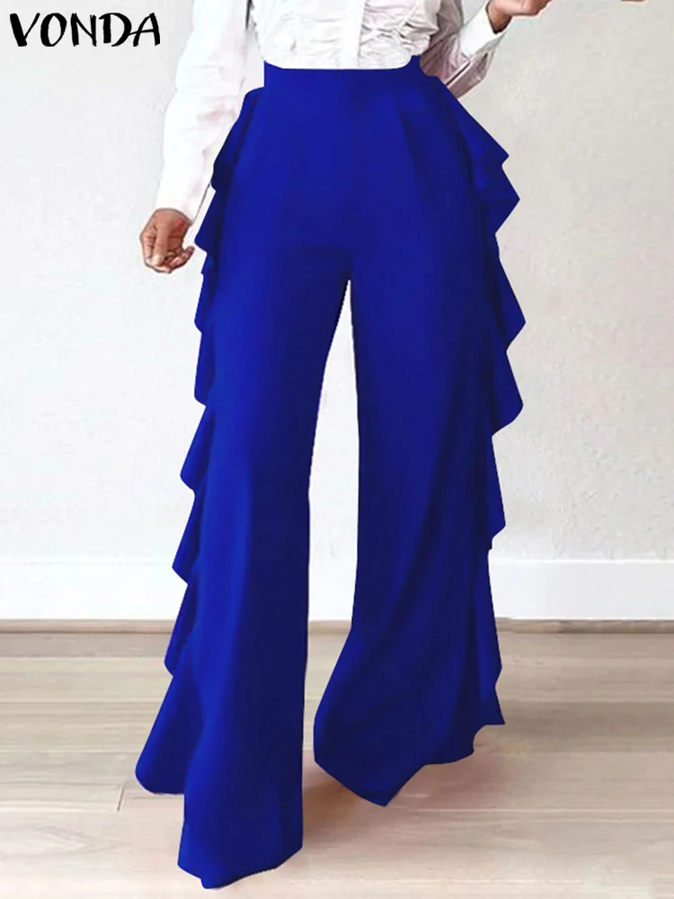 Plus Size VONDA Women Solid Color Long Wide Leg Pants Casual Loose Ruffled Elastic Waist Trousers Fashion Bottoms Oversized