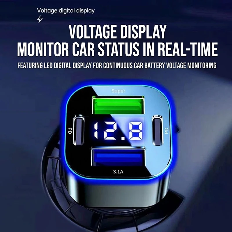 PD Fast Charging Car Adapter with 4 Ports, Aluminum Vehicle Charger with Real-Time LED Voltage Monitor and Smart Chip For Autos