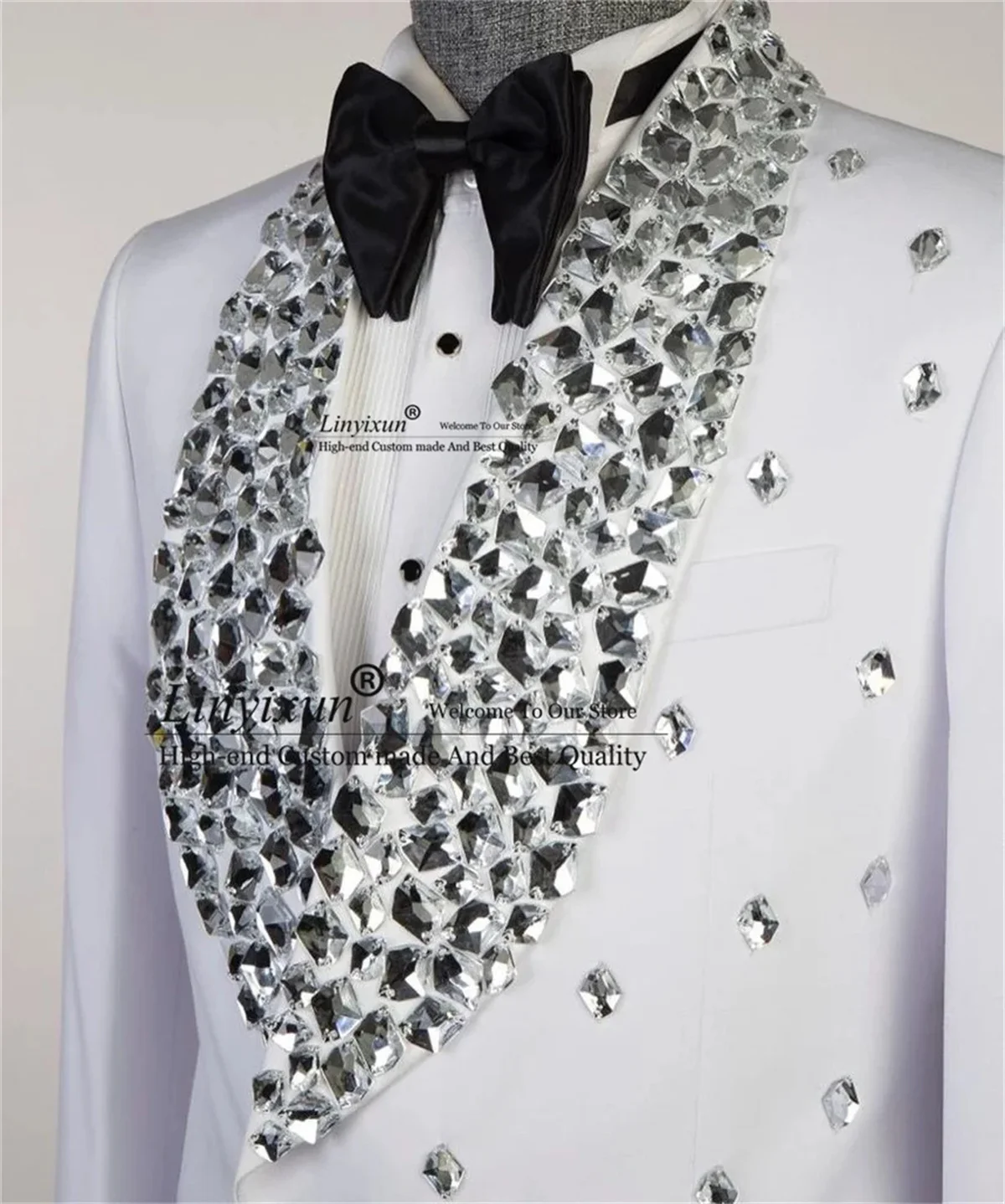 Luxury Crystal Men Suits Beaded Lapel Wedding Groom Tuxedos 2 Pieces Sets Male Prom Blazers Slim trajes elegante para hombres