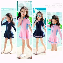 2024 New Girls Swimsuit One-piece Swimwear UPF50+ Print Baby Long Sleeve Kids Toddler Infant Beach Bathing Suits Children