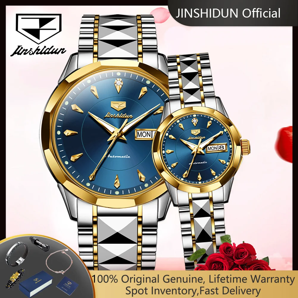 JSDUN 8936 Couple Watches Waterproof Calendar Luxury Tungsten Steel Automatic Mechanical Wristwaches for Women Men Lover's Watch