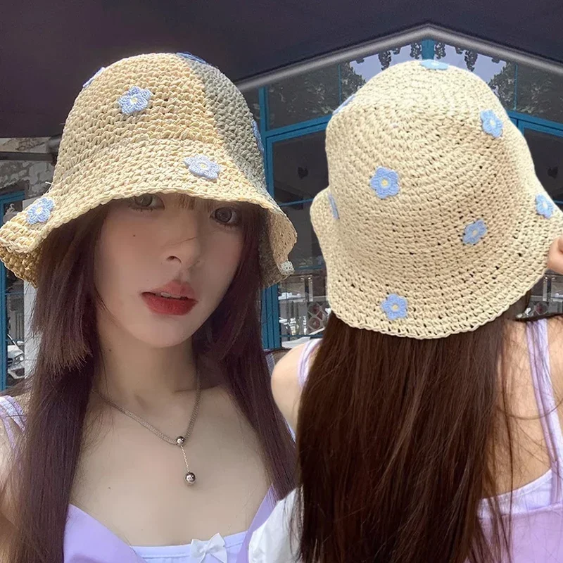 Women Summer Sun Hat Straw Crochet Bucket Hat Women\'s Foldable Panama Cap UV Sun Cap Boho Flowers Outdoor Vacation Sunscreen