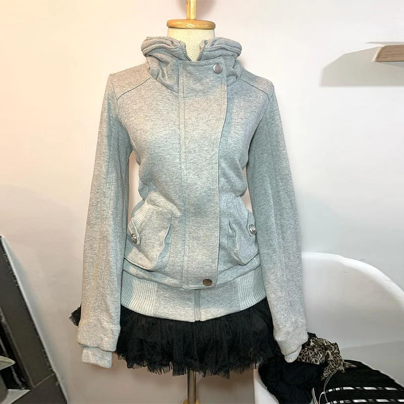 Sweatshirt Zip-up Harajuku Y2k Korean Hooded Slim Sweet Girl Winter Outdoor Clothes 2000s Women's Top Grunge Goth Casual Hoodies