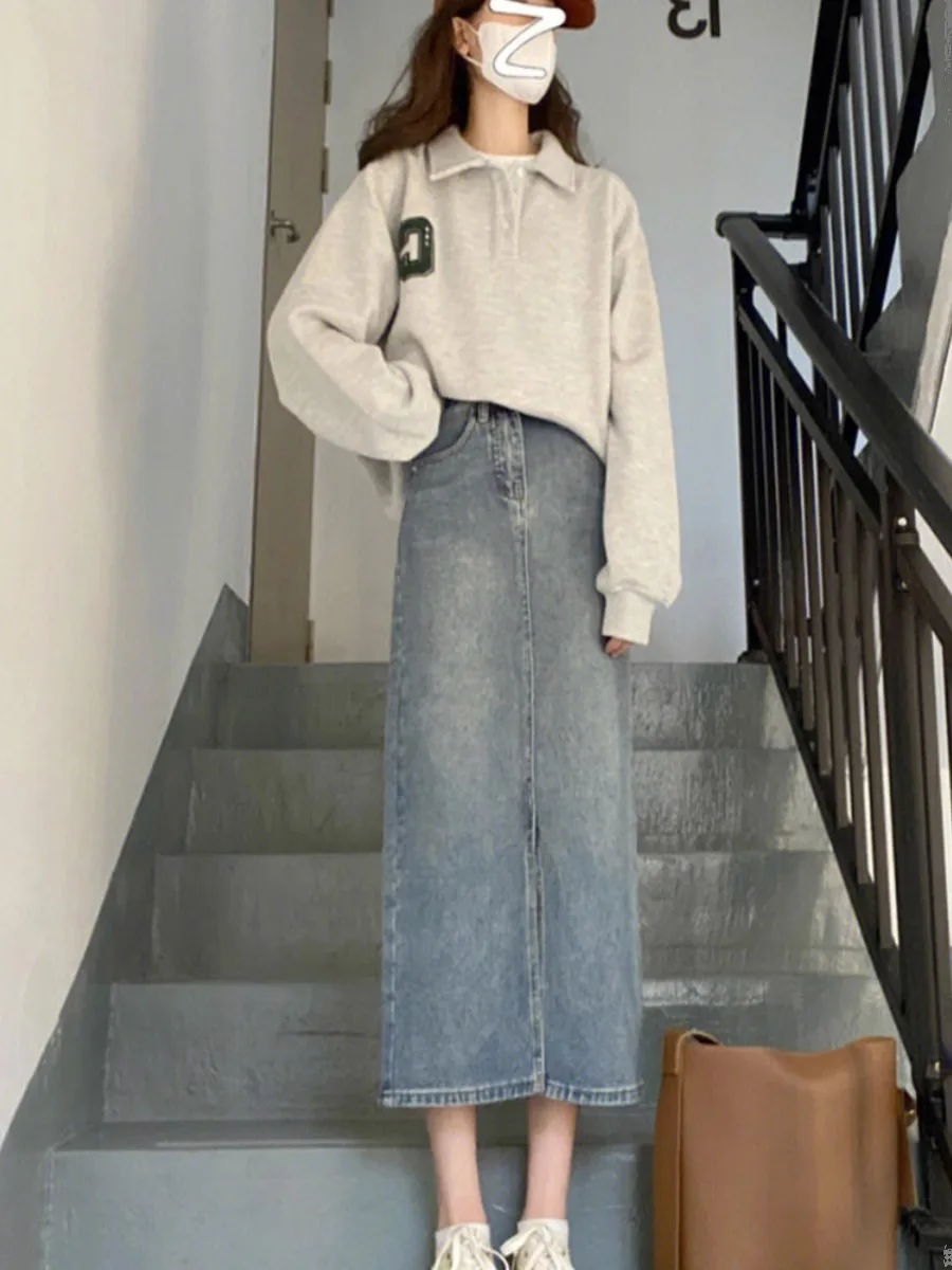 High Waist A-Line  Skirt for Women Denim Split Korean Style plus Size Conceals Belly Slimming Mid-Length Half Skirt