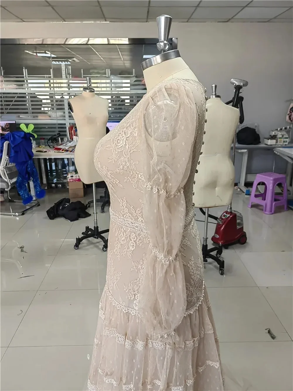 럭셔리 베이지 이브닝 가운 롱 퍼프 슬리브 레이스 튤 맥시 드레스 웨딩 드레스 여성용 정장 파티 드레스