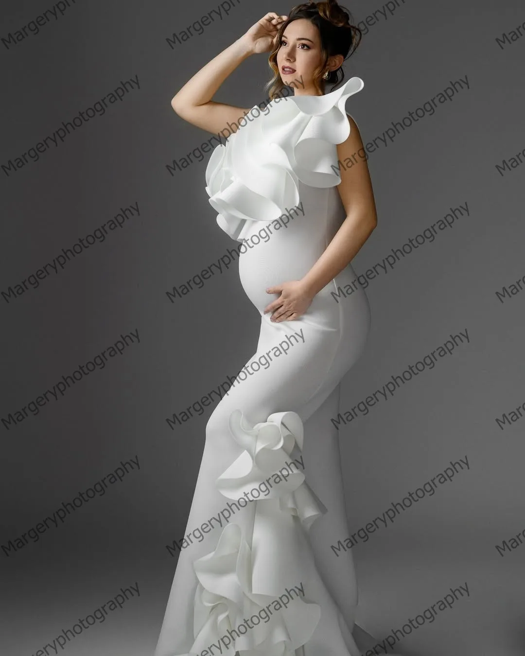 ワンショルダーフリルサテンマタニティドレスふわふわ袖妊婦ガウン写真撮影用ファッション特別な日のドレス