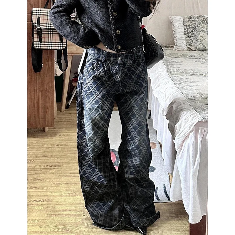 American Retro Design Plaid Jeans for Women's Spicy Girls Loose and Lazy Relaxed Feeling Curved Knife Floor Pant Autumn Winter