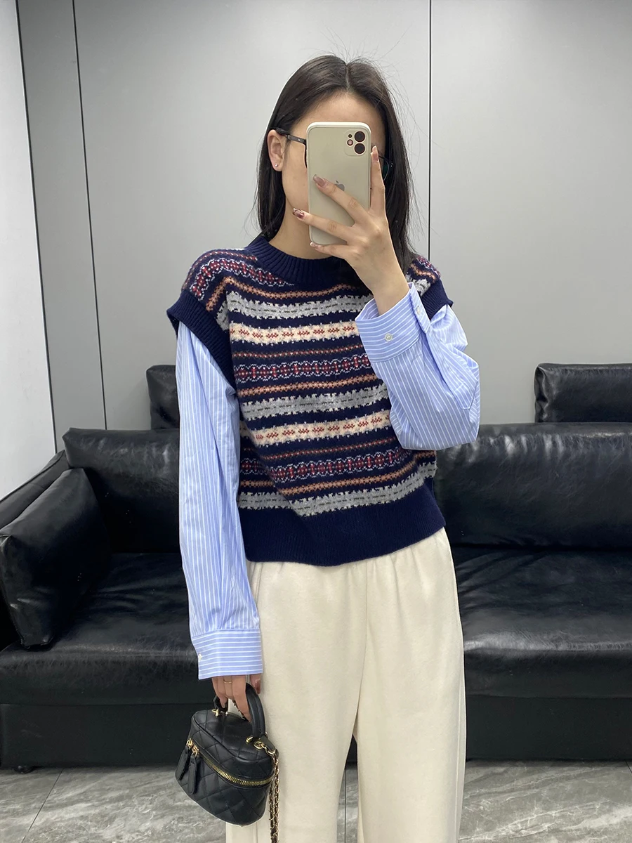 

Retro Fair Isle 00 Wool round Ne Knitted Vest Women's Fake Two-Piece Striped Patchwork Sweater Top Soft Loose Fit Long Sve