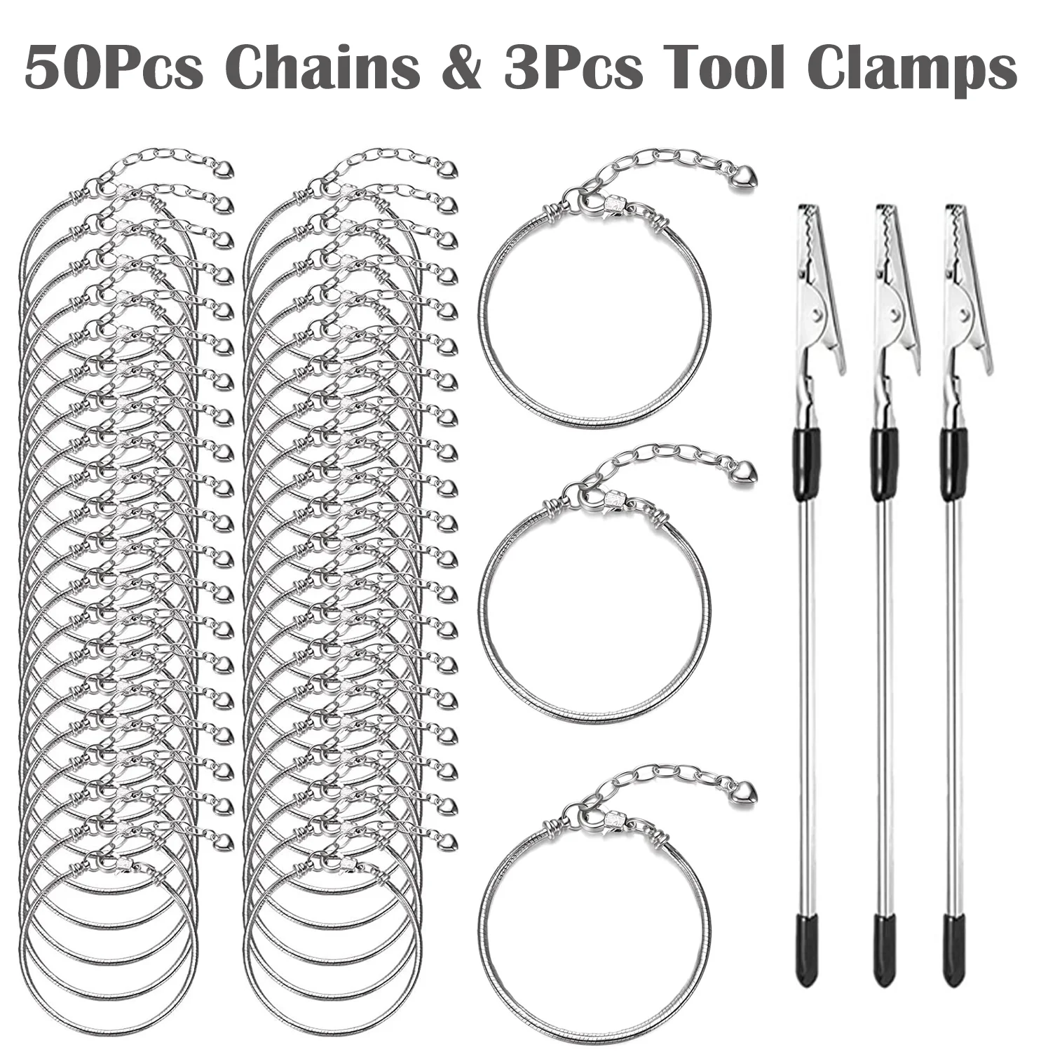 Set of 50 Silvery Snake Chains (20 cm with Extender) including 3 Clasp Tools; Suitable for Use with Large-Hole Beads to Create Stylish DIY Bracelets.