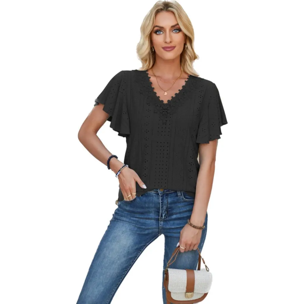 

Women's Lace V-neck T-shirt Ruffle Sleeve Solid Color Loose Top European And American Style Spring Summer Fashion