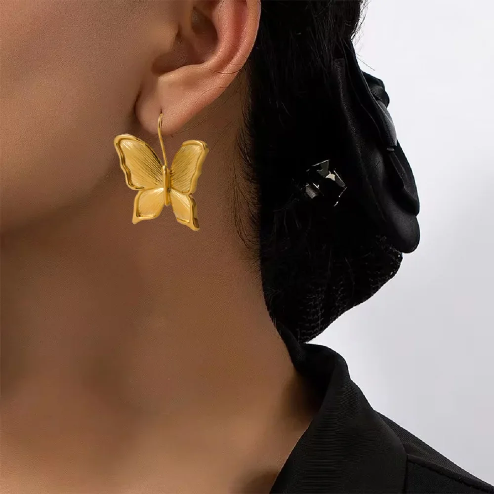 New Trendy Brushed Texture Butterfly Earrings for Women Exquisite Long Hook Gold Plated Metal Earring Statement Jewelry Gifts