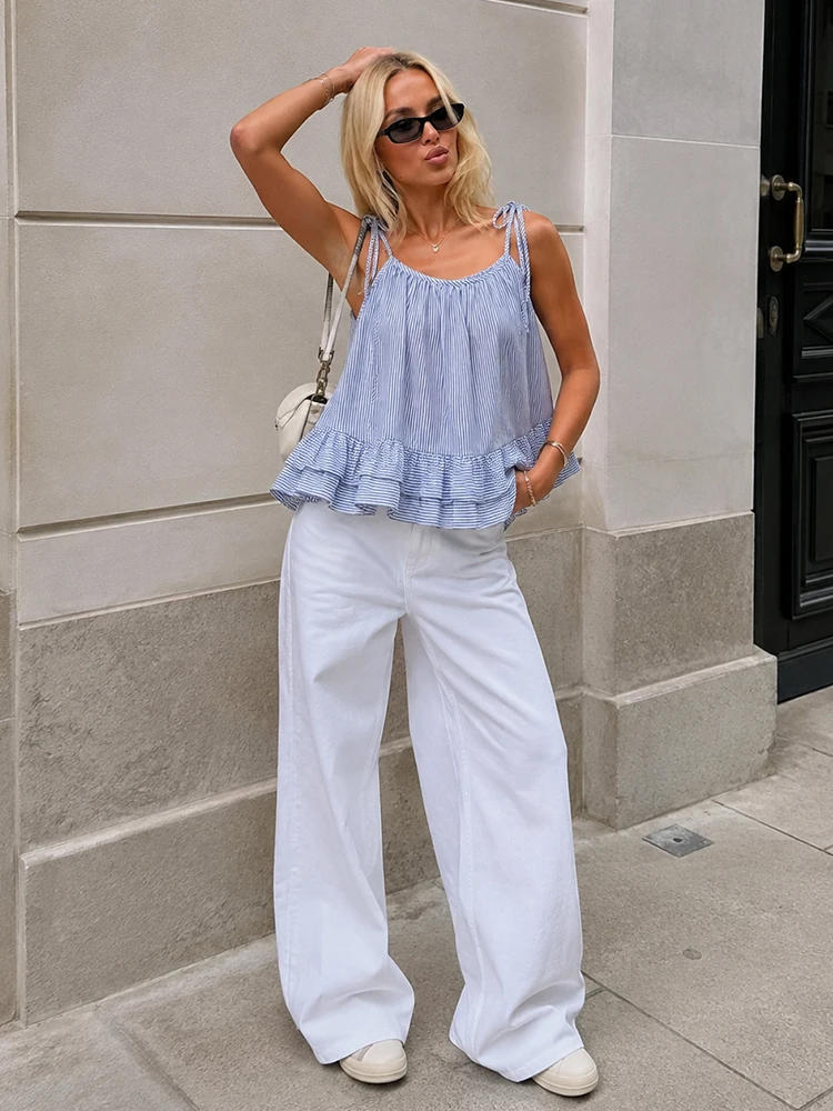 HH Chic Loose Women Striped Cami Top Summer Tie Shoulder Gathered Neck Double Ruffle Hem Camisole For Dating Daily Wear