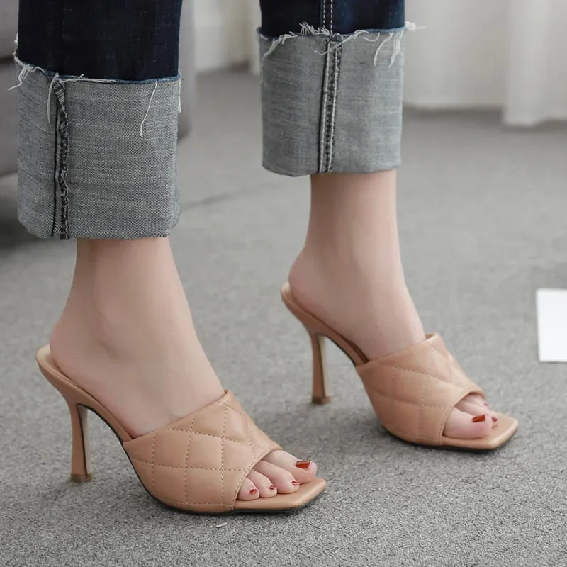 20212021 Toe Red  Mule Heels Shoe Black PU High Heel Shoes Women Sandals Sliper Woman Shoes Zapatos Mujer