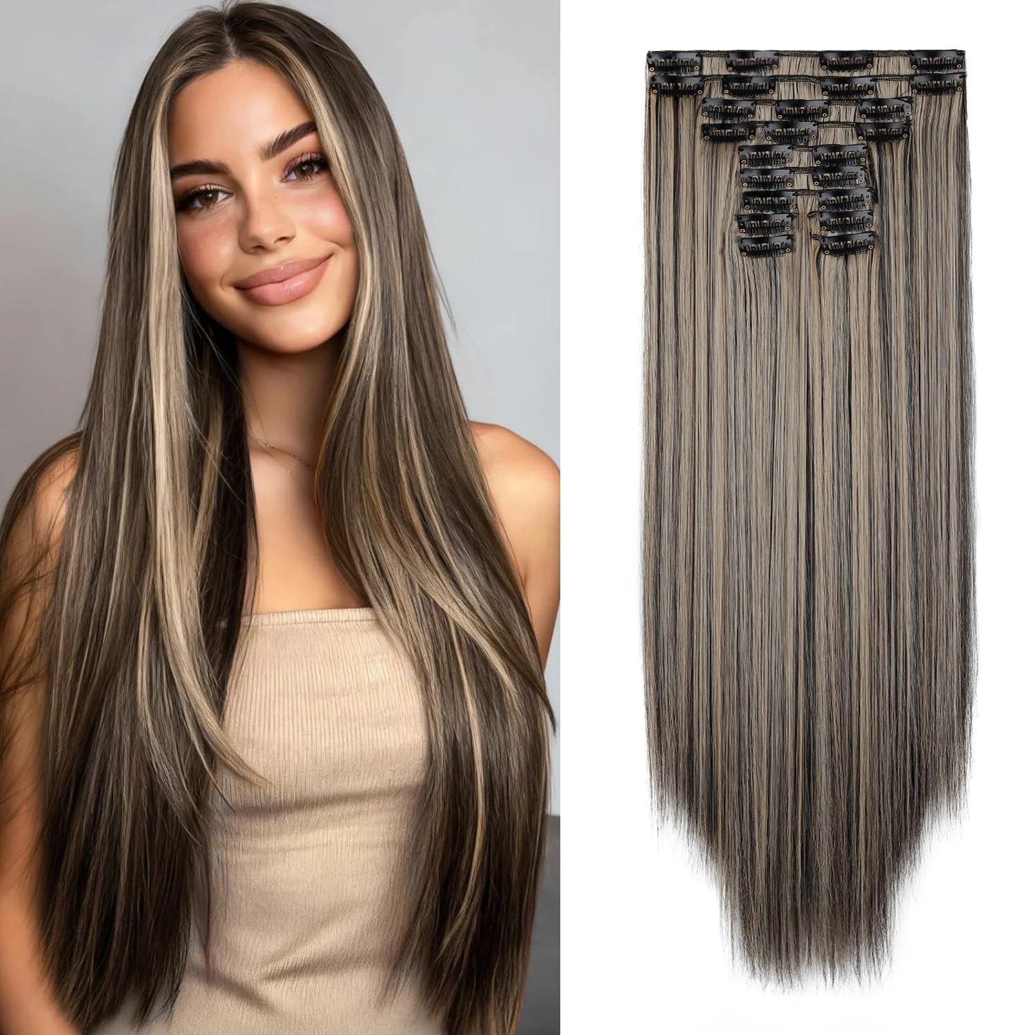 

11PCS Clip in Hair Extensions 24 inch Long Straight Clip ins Synthetic Hair Extensions Soft Synthetic Hairpieces for Women