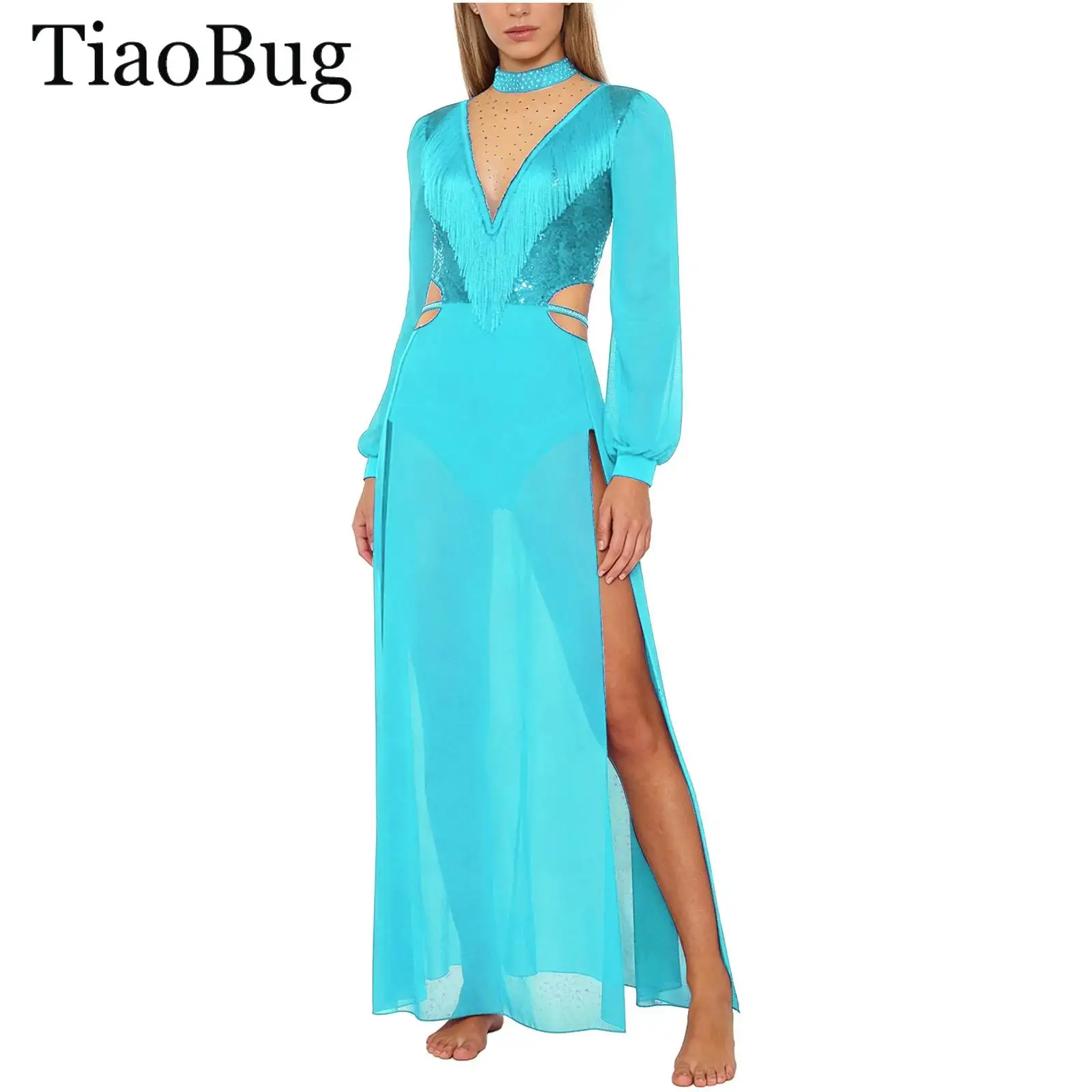 

Женское платье с бахромой для танца живота, блестящее боди с блестками и кисточками, боди с длинными рукавами и разрезом, шифоновое платье макси, бальное платье для латинской румбы