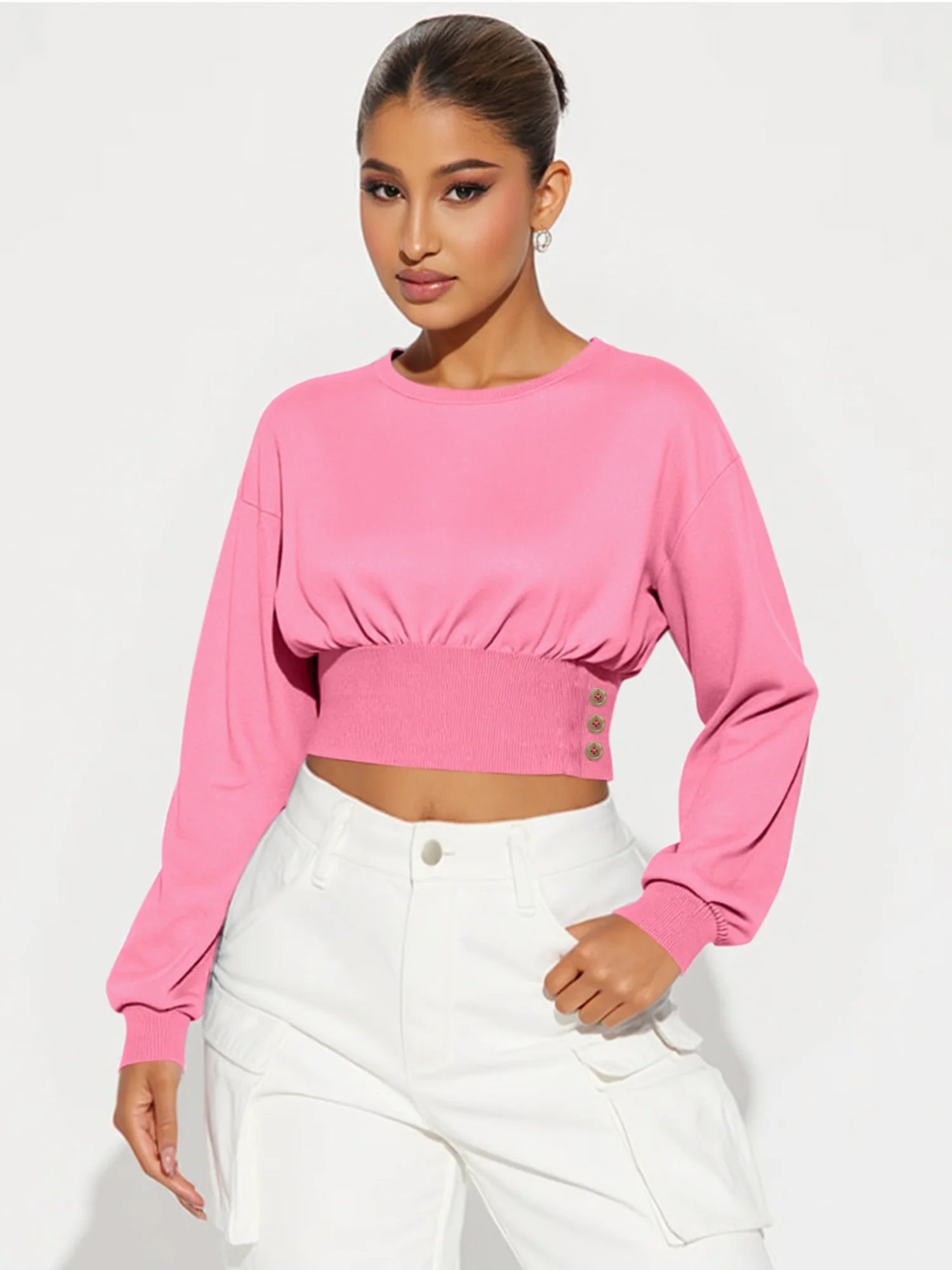 Outdoor‑Suitable Waist‑Defined Pullover, Round‑Neck Button‑Accent Sweatshirt for Garden Picnics & Countryside Visits