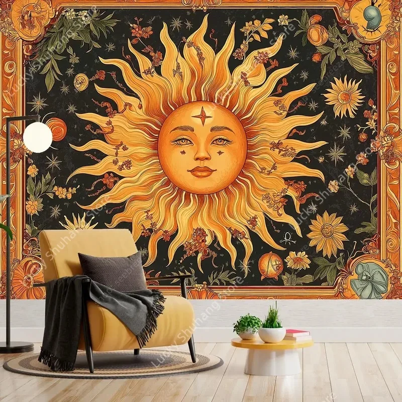 VIKAMA Vintage Sun Face Tapestry, Zodiac Floral Botanical Wall Hanging, Boho Mystic Cloth Poster for Bedroom Home Decor