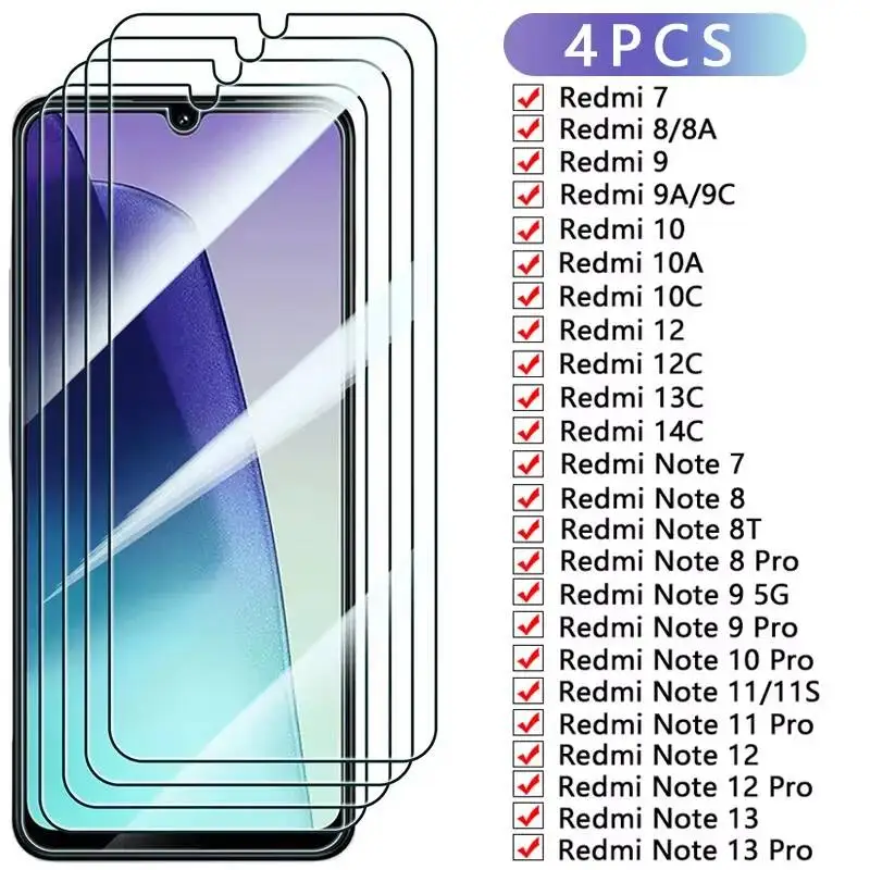 

4-1PCS Tempered Glass Screen Protector For Xiaomi Redmi Note Series 13 12 11 10 9 8T 7 Pro 4G 5G 14C 13C 12C 10C
