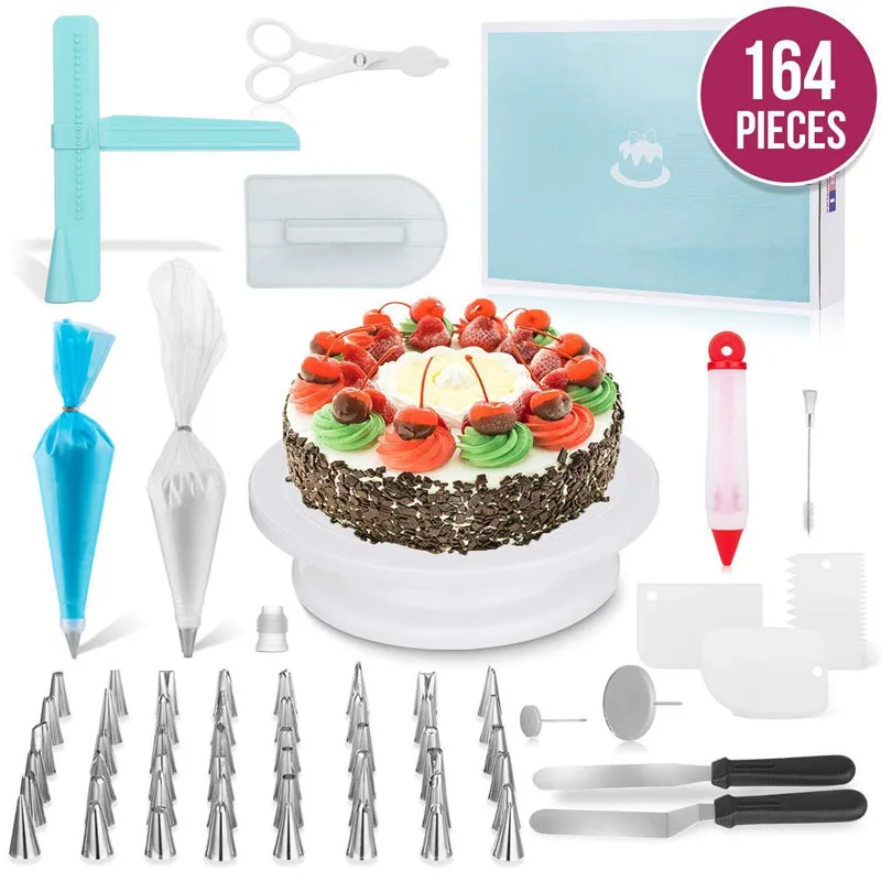 Cake Decorating Kit DIY Multifunction 164pcs Turntable Set Pastry Tube Fondant Tool Cake Kitchen Dessert Tools