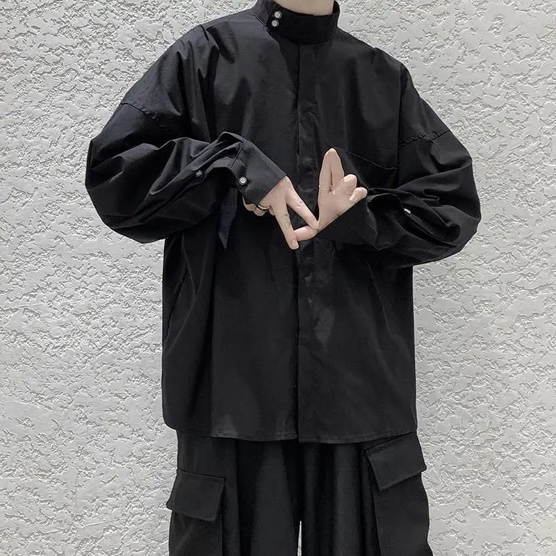 

New Chinese Stand Collar Shirt Men's Dark Off Shoulder Casual Loose Shirt Wear Men's High-end Zhongshan Shirts Camisas De Hombre