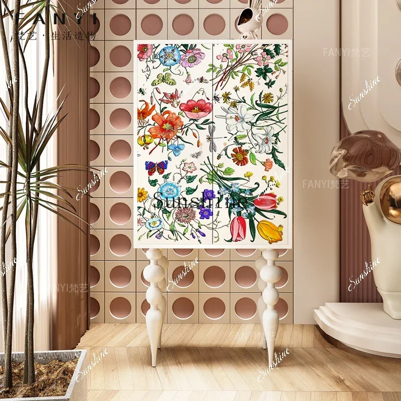 

French flower storage living room household solid wood dining side cabinet integrated against the wallM