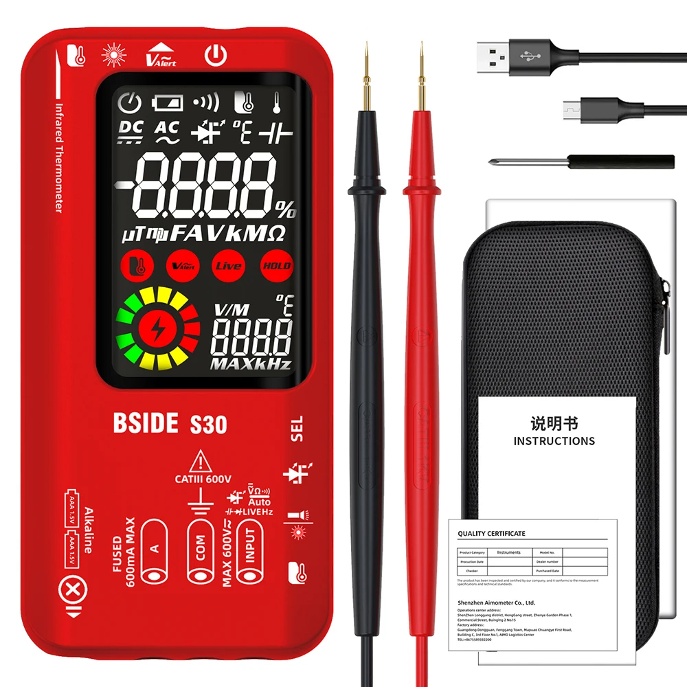 BSIDE S30 Smart Digital Multimeter 15V Diode Infrared Thermometer AC DC Voltage Current Recharge Professional Electronic Tester