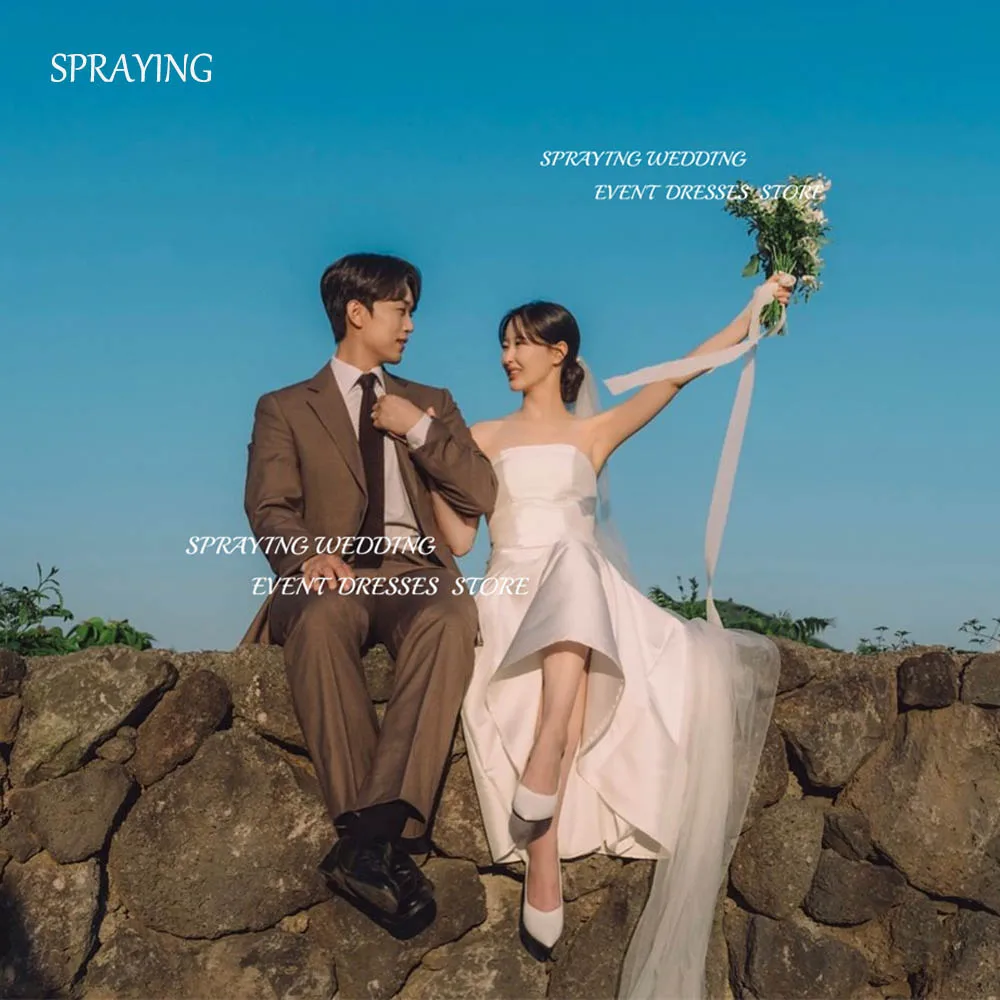 

SPRAYING Korea Women 2024 Simple Strapless Sleeveless Wedding Dresses Photo Shoot Long Tulle Satin Bridal Gown Corset Back 웨딩드레스