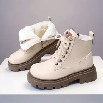 Dames enkellaarsjes Zacht leer Antislip korte laarzen Dikke zolen Nieuwe winter Britse veterschoenen Comfort Platform Modelaarzen