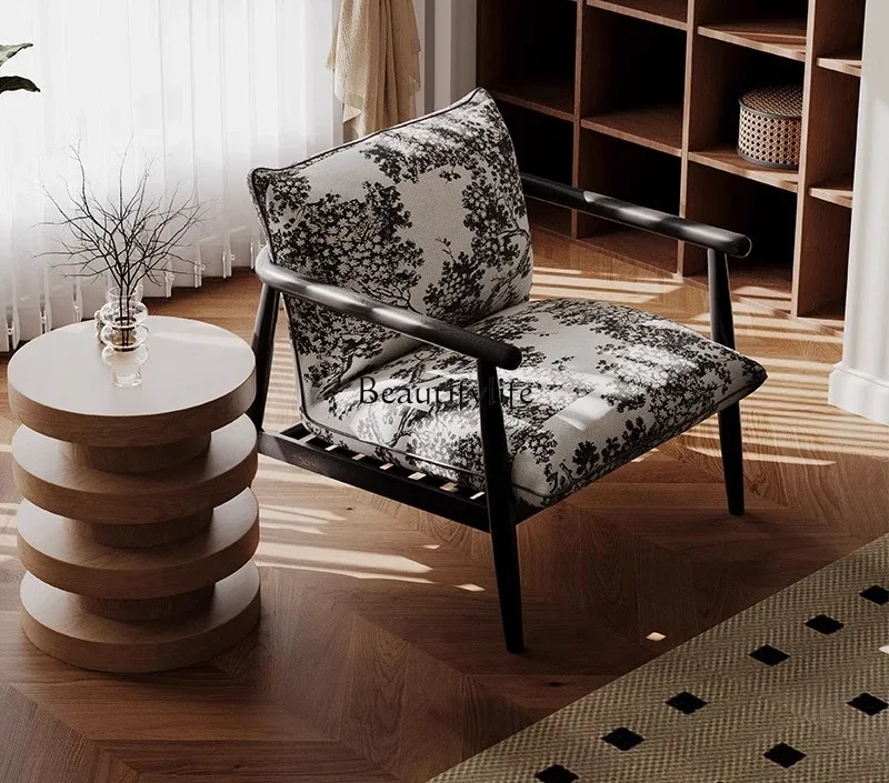 ls51French retro single chair solid wood black printed living room sofa armchair