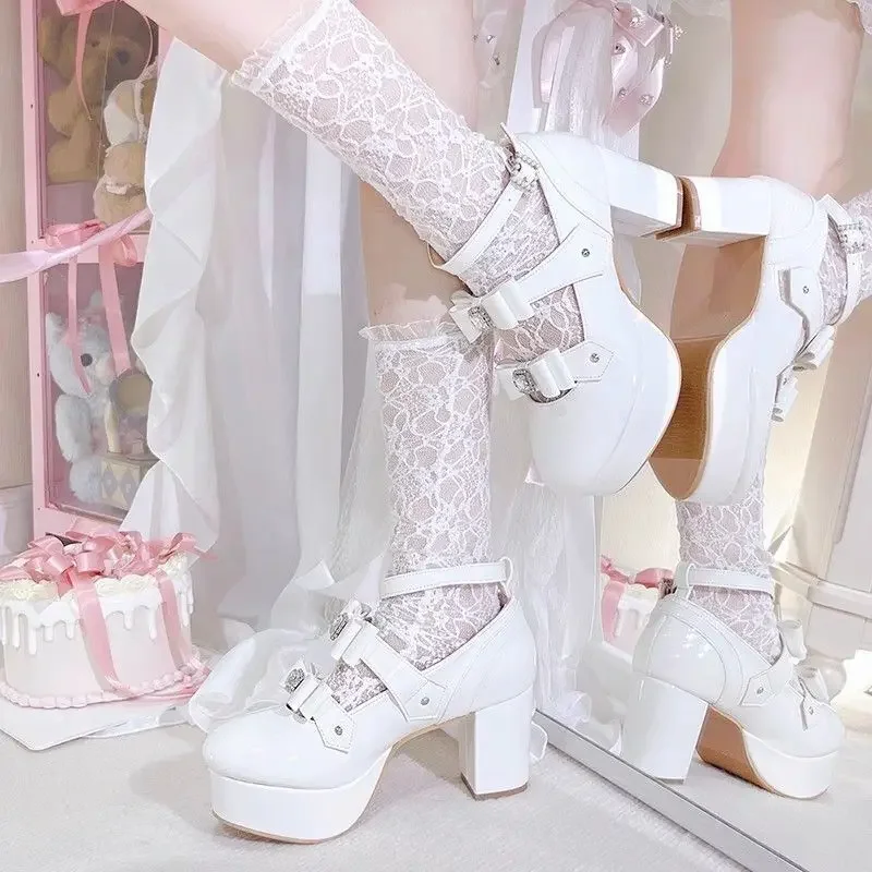 Transfer Student Shoes Tea Party รองเท้าส้นสูง Mary's' รองเท้าส้นสูง Mine Series Cos Lolita ส้นหนารองเท้าส้นสูงโบว์คู่